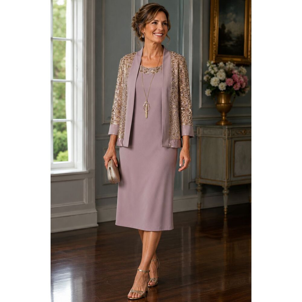 RM Richards Pink Mauve Gold-Accent Embroidered Dress and Jacket Set 4 Petite